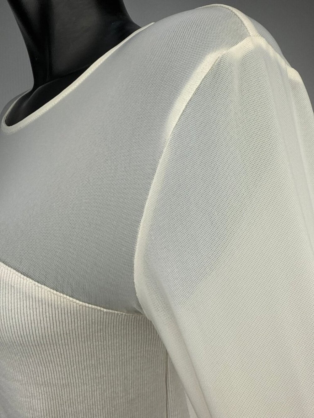 TRISTAN Stretch Knit‎ Sheer Mesh Lace Yoke Long Sleeve Top Ivory White Size L - Picture 5 of 9